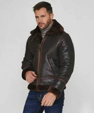 Men's B3 RAF Aviator Real Shearling Brown Sheepskin Leather Flight Bomber Jacket