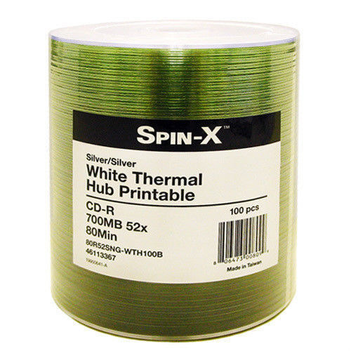 500 SPIN-X PRODISC CD-R, 52X, WHITE THERMAL HUB PRINTABLE, 80R52SNG-WTH100B - Afbeelding 1 van 1