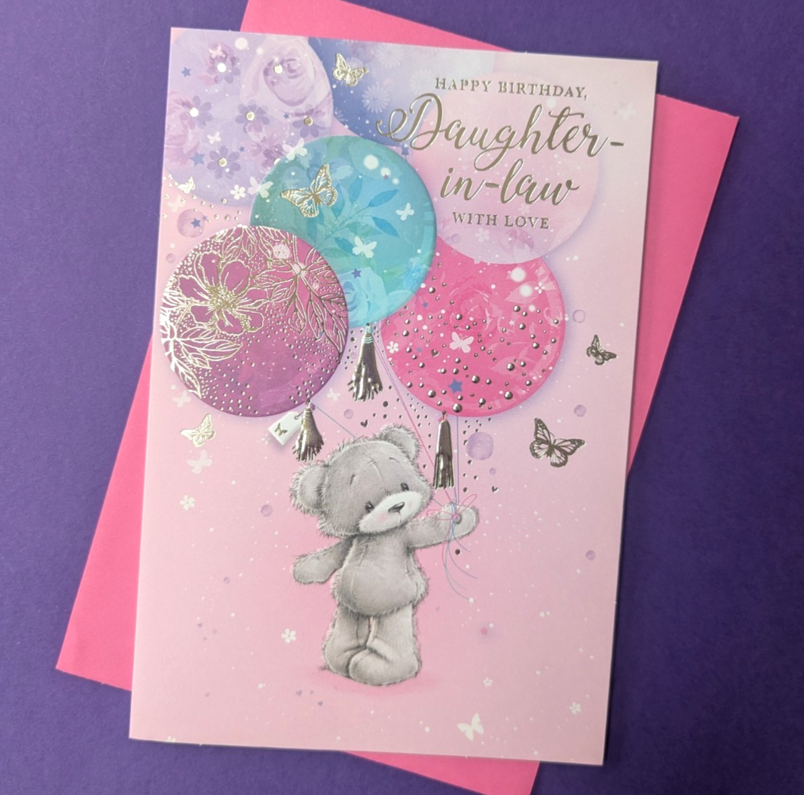 Daughter In Law Birthday Card Female Cute Teddy Bear Design Balloons 19x13cm