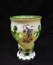 Bohemian White Cut-to-Green Cased Glass Vase with Hand-Painted Florals on Ormolu Base — listing 5