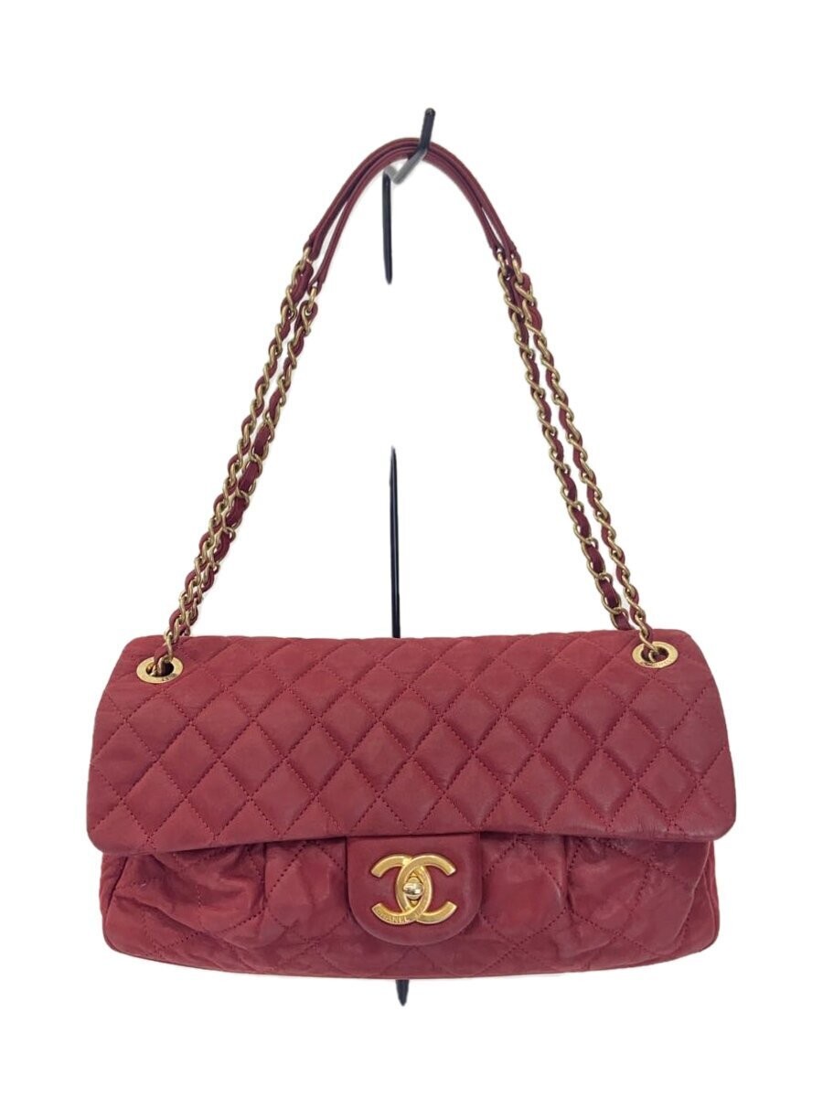 CHANEL Red Leather Shoulder Bag Plain Design