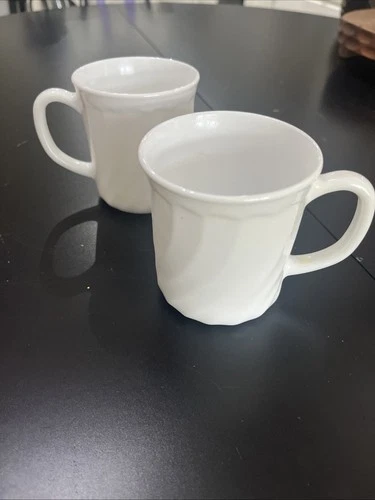 Vintage Pair Arcopal France Swirl White Milk Glass Coffee Cup 12 Oz