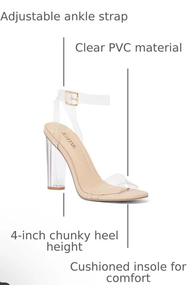 🚨JustFab Tacones Transparentes Para Mujer 4 Pulgadas Tacones Gruesos Sandalias Desnudo Tobillo-Talla 10 Foto 3 de 4