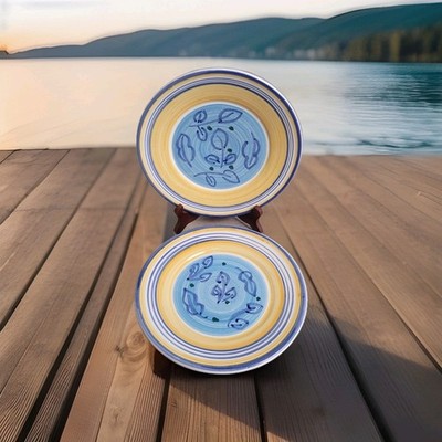  2-Caleca Italy Azzurro Plate Salad 9 3/8'' Blue Yellow Bands Ceramic Hand Paint
