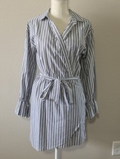 Express Grey Striped Wrap Dress Small Shirtdress Tie Waist Pockets Long Sleeve 