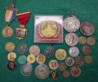 JOB LOT MIXED TOKENS MEDALS ENAMELLED ART COINS PENDANT