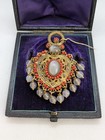ANCIEN BIJOUX BROCHE PENDENTIF FORME COEUR PIERRE DE LUNE ET CORAIL - 19ème