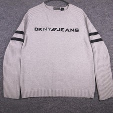 Y2K DKNY JEANS Sweater Mens Medium Gray Logo Crew Neck Stripe Sleeve Pullover