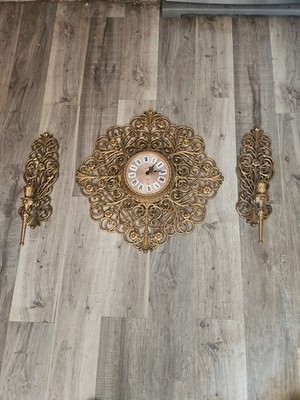 3 Pc Set Burwood 1978 Hollywood Regency Style Gold Wall Clock & Matching Sconces