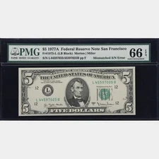 1977 $5 MISMATCHED SERIAL NUMBERS NOTE ERROR💥PMG 66 EPQ-GEM UNC💥HOLIDAY SALE $