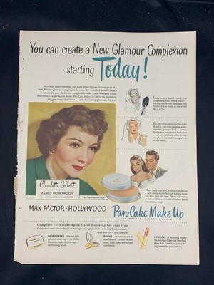 Magazine Ad* - 1949 - Max Factor Pan-Cake Make-Up - Claudette Colbert