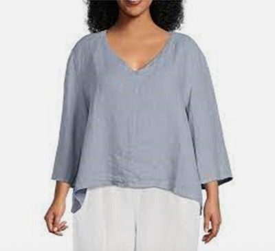 Bryn Walker Lily Blue 100% Linen Top V-Neck 3/4 Flared Sleeve Boxy Hi Low Sz XL