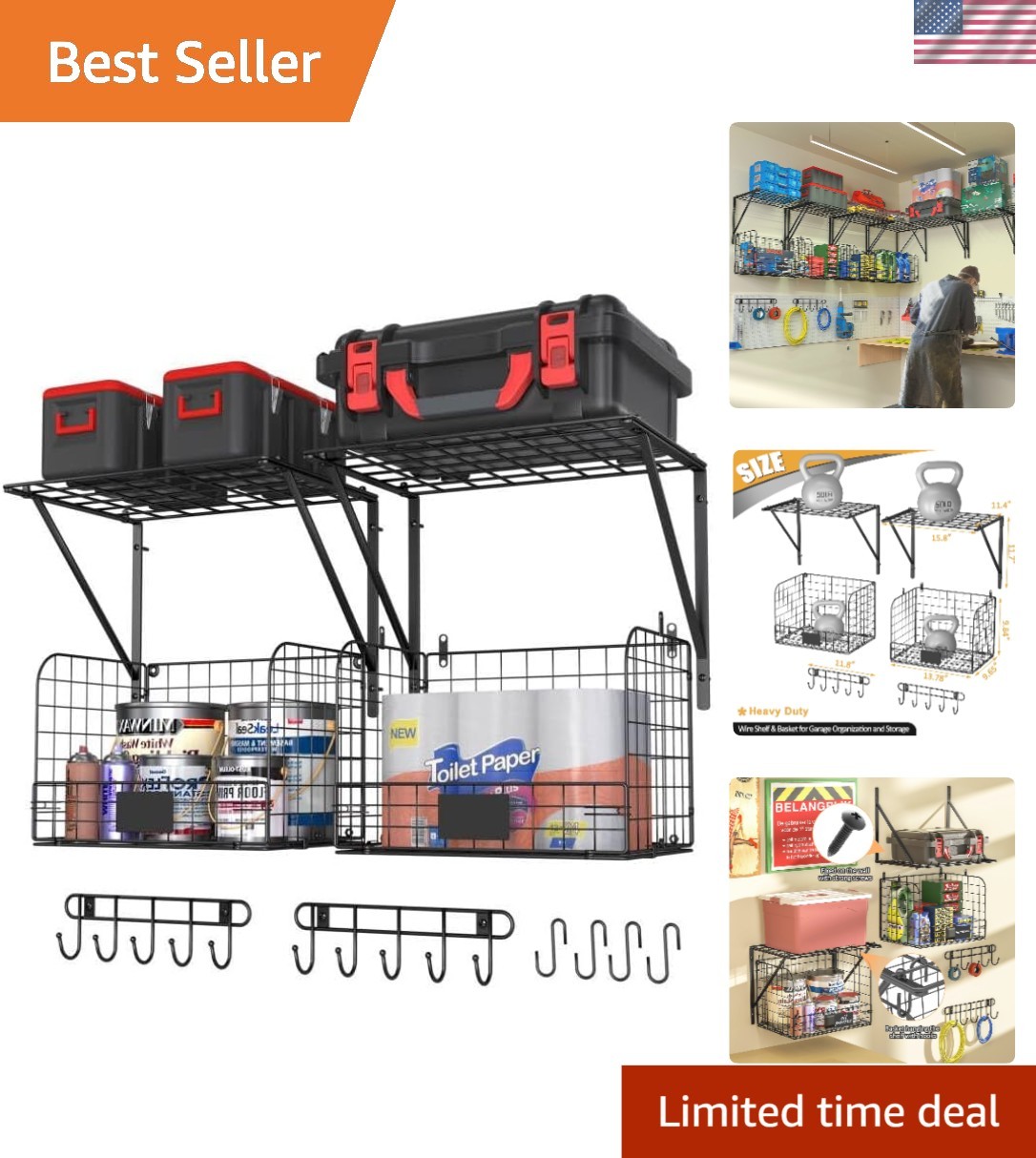 2 Pack Garage Shelves Wall Mounted with Wire baskets, Heavy Duty Garage Wall ...