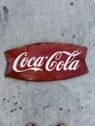 Vintage Coca Cola Metal Fishtail Sign - 26” x 12.5” - Authentic Patina