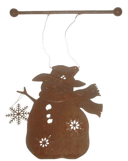 HANGING PIERCED METAL SNOWMAN w SNOWFLAKES YARD GARDEN SIGN ART/Figure 12"x10"