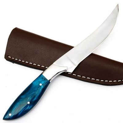 CUSTOM HANDMADE DAMASCUS BONE HANDLE FLEXIBLE FILLET KNIFE WITH LEATHER SHEATH