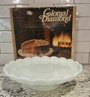 Vintage 1970s ANCHOR HOCKING Footed Cake Plate Milk Glass Colonial Diamond