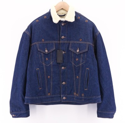 R13 Bib Trucker Men's Jacket M Sherpa Lined Denim Button Mid Blue Logo *