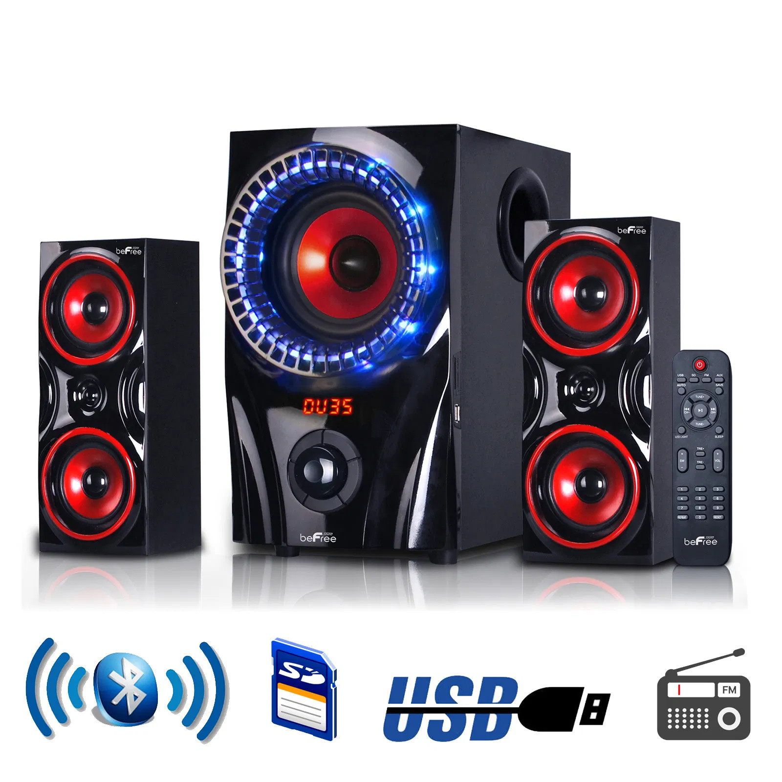 2.1 Channel Bluetooth Surround Sound Speaker System In Red