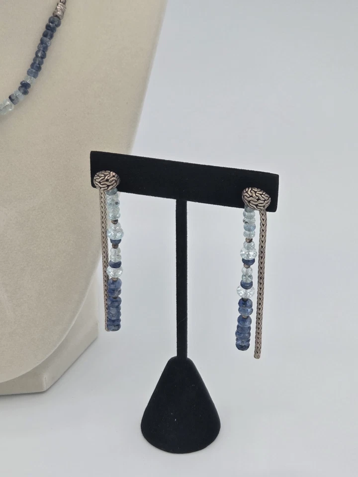 Conjunto raro de colar e brincos femininos de esterlina John Hardy água-marinha e cianita - Imagem 3 de 4