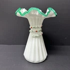 Fenton Milk Glass Emerald Trim Ruffled Wheat Hand Painted  Vase Excellent Shape