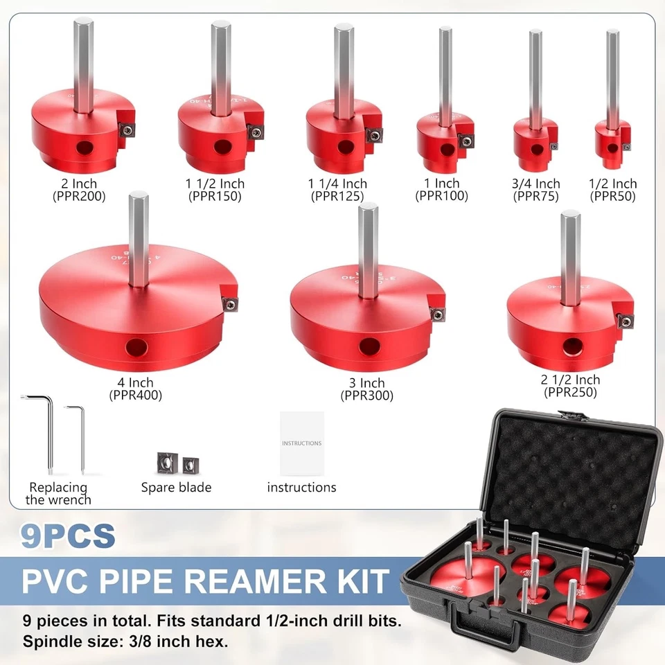 9pc PVC Pipe Fitting Reamer Kit, ½–4” Sizes, Fits Drill, ABS SCH40 Compatible - Image 2 of 4