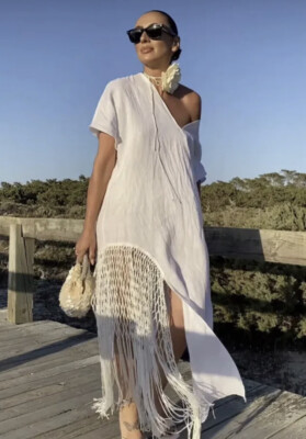 【関税&送料込み】Off-White Dress At ZARA FRINGED LINEN DRESS WHITE V-NECK NEW SS23 SIZES XS-XXL
