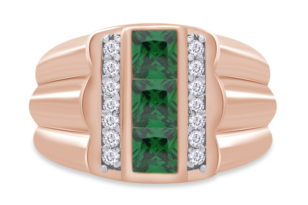 Mens Engagement Ring Simulated Emerald 14K Rose Gold Plated 925 Sterling Silver-image