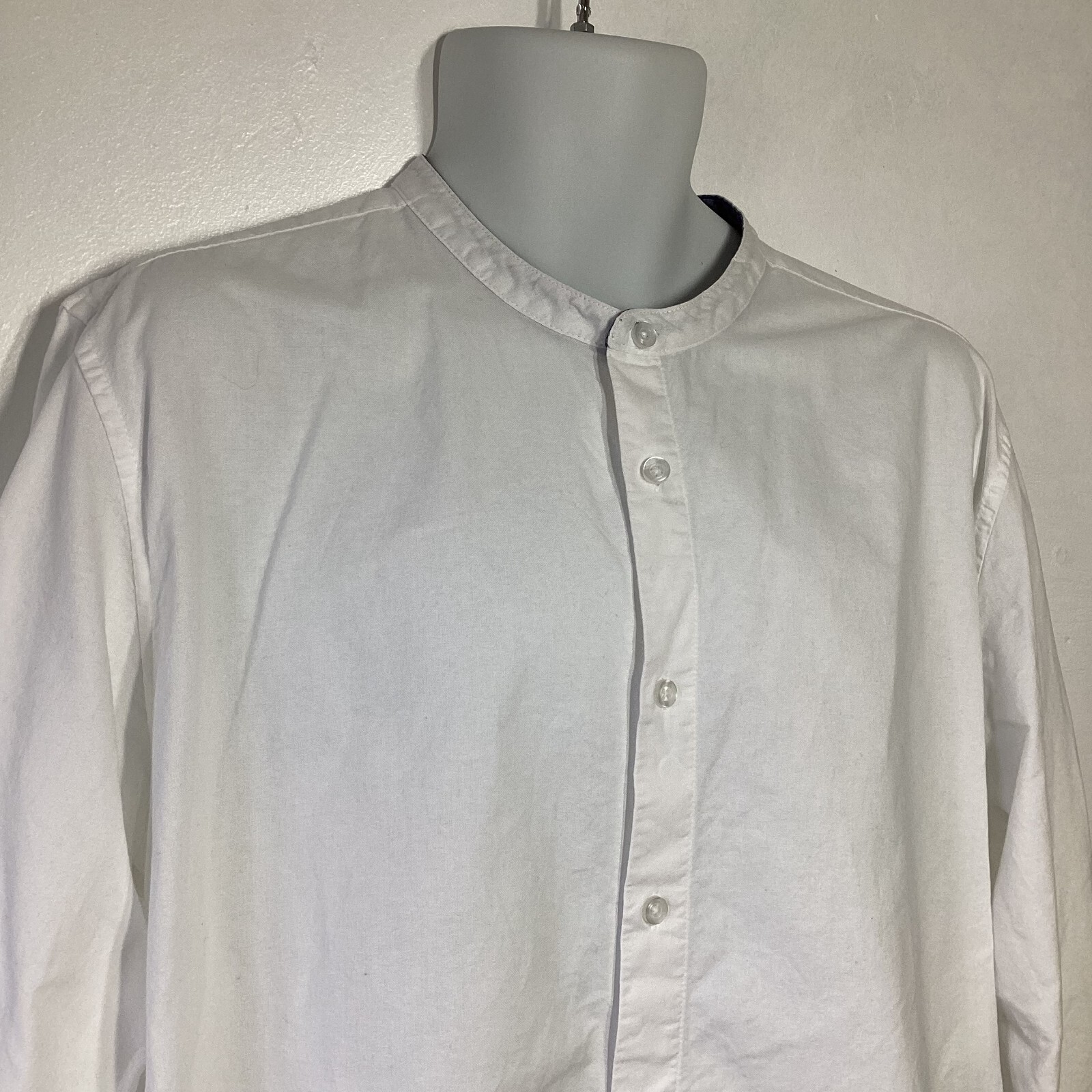 Primark Slim Fit Mens White Long Sleeve Collarless Cotton Shirt Size