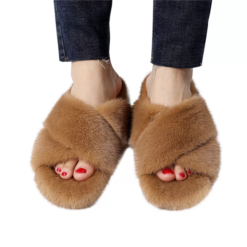 Women's Winter Real Mink Fur Slippers Flat Heel Sliders Fur Sandals Cute  Slides