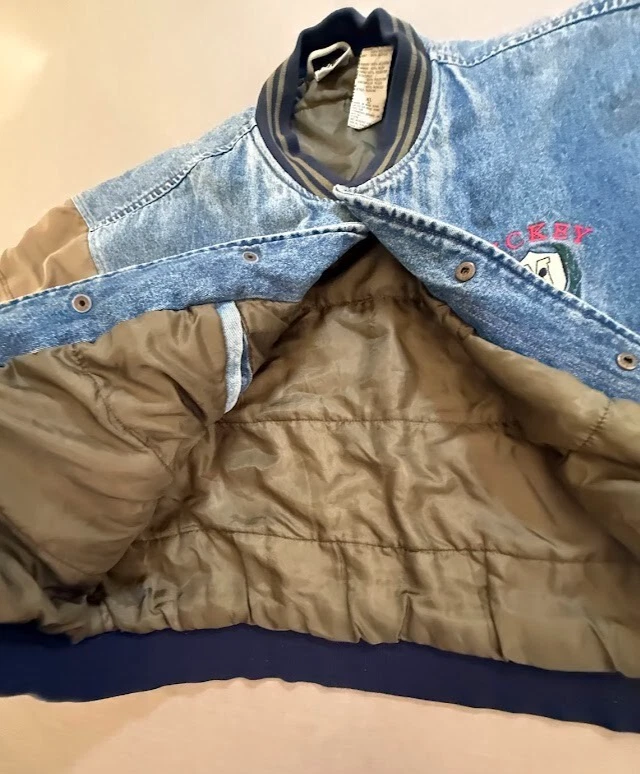 Винтажная куртка Mickey University для взрослых очень большая синяя джинсовая с застежкой длинным рукавом. - Изображение 4 из 4