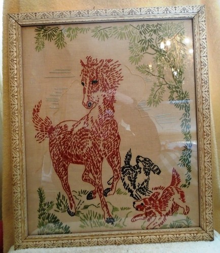 Vintage Large Framed Embroidered Horse and Dogs Playing 18 1/2 by 16 Inches - Picture 2 of 7