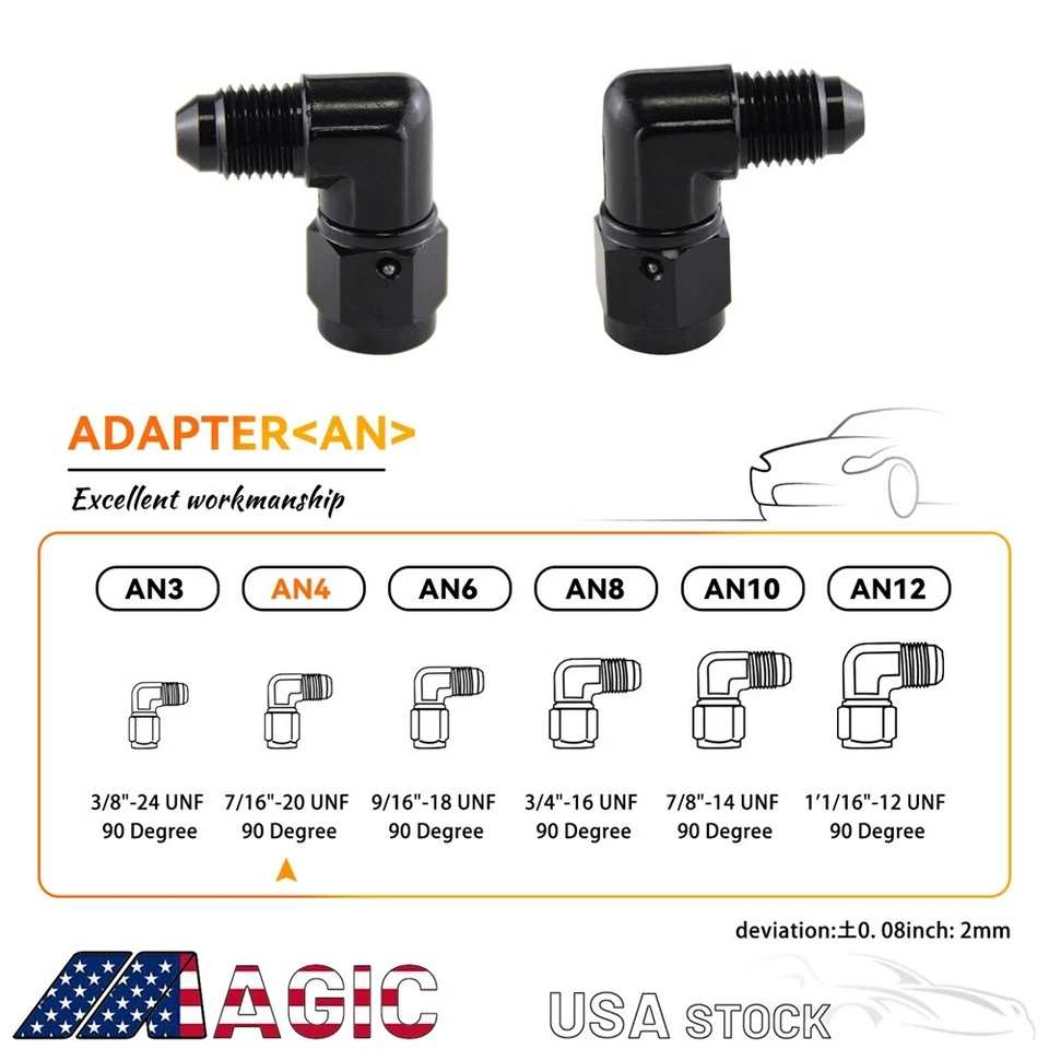 2PCS 90 Degree Male 4AN To 4AN Female Swivel Coupler Union Adapter Fitting Black - Image 2 of 4