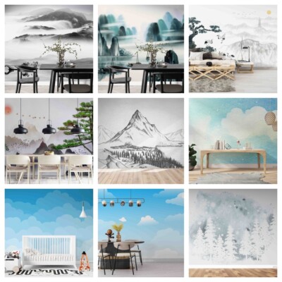 3D Mountains Clouds Trees Self-adhesive Wallpaper Removable Wallpaper Wall Mural