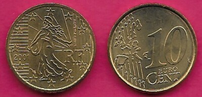 FRANCE 10 EURO CENT 2001 UNC SOWER,RELIEF MAP OF WESTERN EUROPE,STARS,LINES