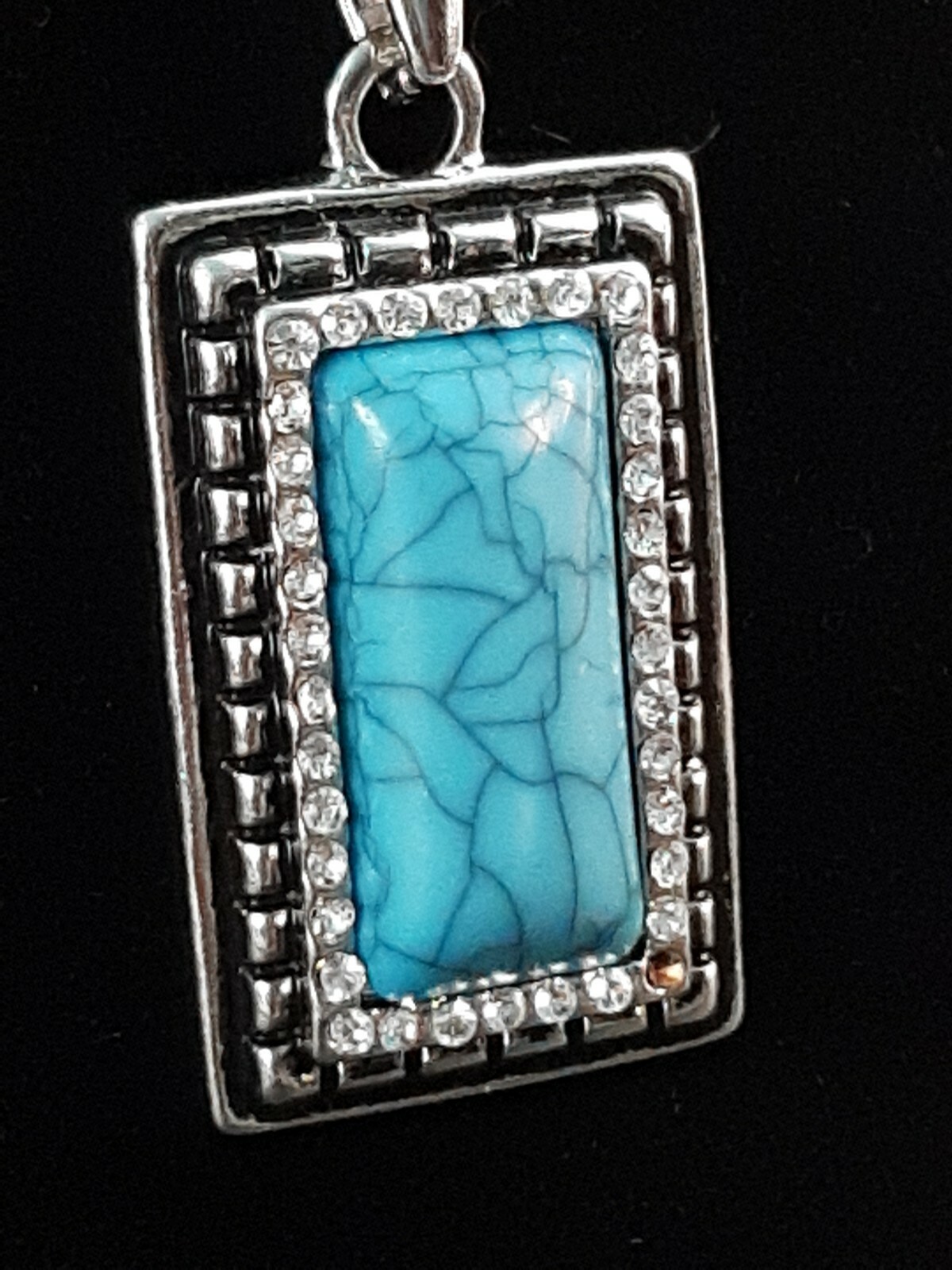 Silver Tone Necklace Rectangular Pendant Turquois… - image 2