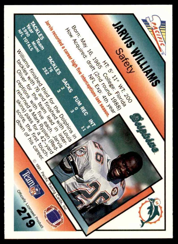 1991 Pacific. Jarvis Williams . Miami Dolpins #279 - Image 2 of 2
