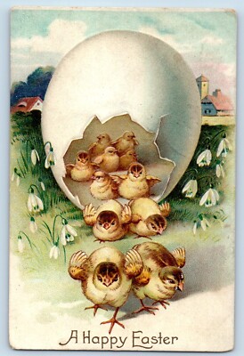 Easter Postcard Giant Hatched Egg Baby Chicks Flowers Clapsaddle Sheldon ND 1909