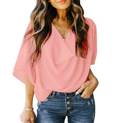 Women Flared Half Sleeve Shirt Casual Loose Drape Cowl Neck Blouses Tops - Picture 26 of 47