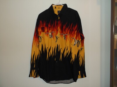 Vintage Roper Button-up Cow Skull & Flames Western Shirt Mens L  