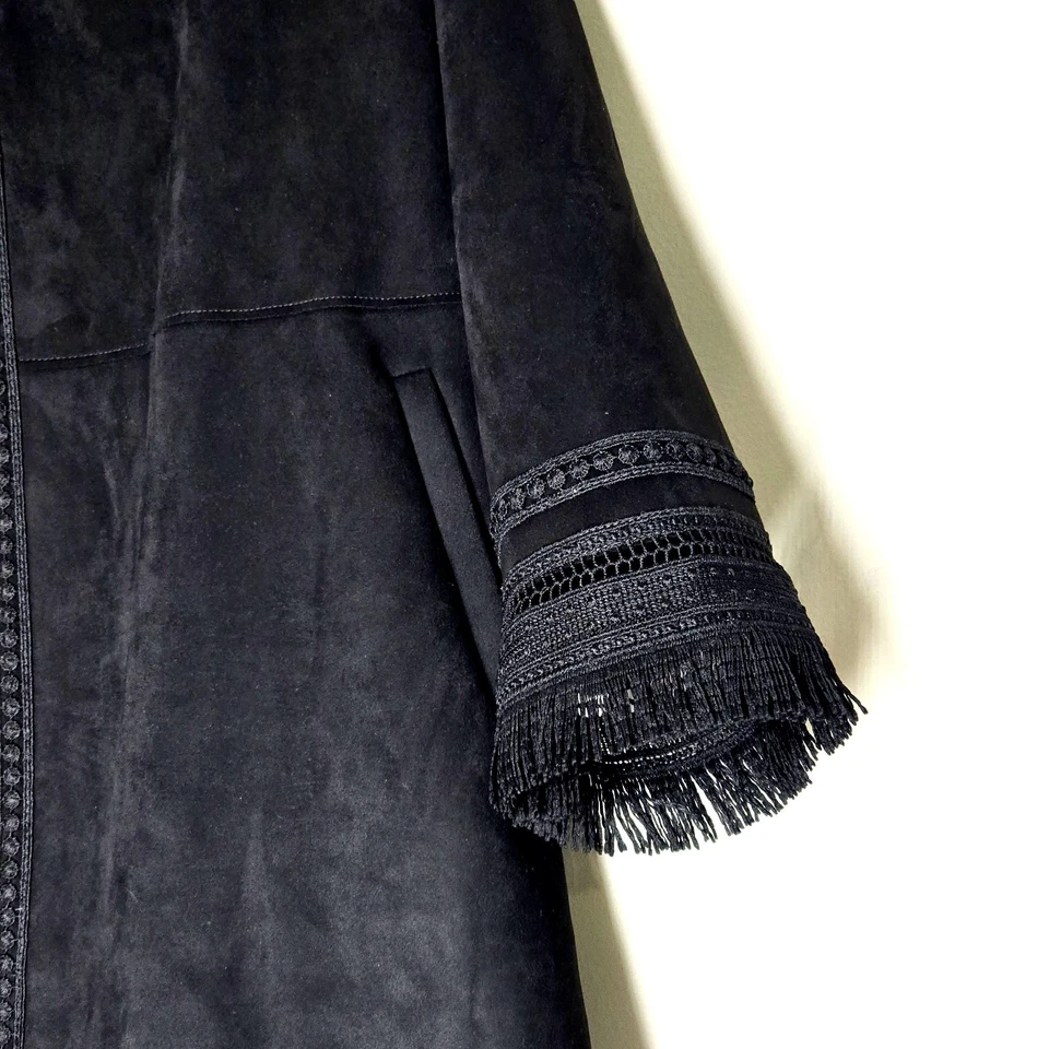 Chaqueta Zara Negra Borde con Flecos Frente Abierto XS Manga 3/4 Boho Abrigo de Lujo Foto 2 de 4