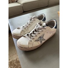 Golden Goose Hi Star Sneakers Womens EU 38 White Leather Glitter Star Blue Heel