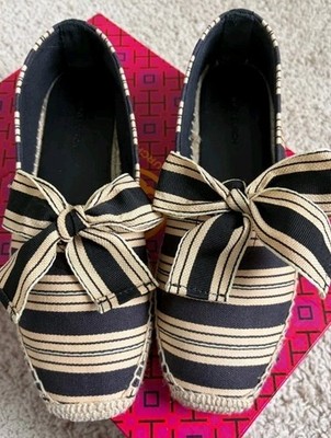 Tory Burch Canvas Lace Up Flat Espadrille Navy Latte Stripe Jute Womens Size 6