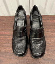 Westies Black Leather Slip-On Loafers Square Toe Strap US 6.5 M Women
