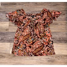 AB Studio Paisley Blouse Flutter Sleeve Top Bohemian Chic Women's Large