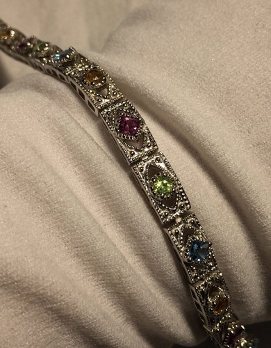 Vintage Amethyst Citrine Peridot Blue Topaz 925 Sterling Silver Tennis Bracelet - Picture 2 of 8