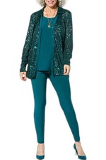 Nina Leonard 3pc Sequin Button Front Top, Tank & Pant Set Radiant Teal