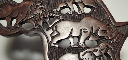 Wooden Africa Continent Big 5 Leopard Lion Buffalo Rhino Elephant Art Plaque Vtg - Picture 7 of 18