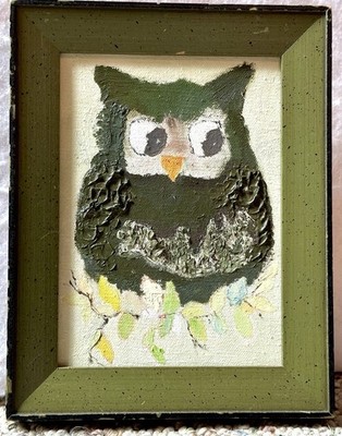 Vintage Painting Naive Primitive Amateur Owl Signed & Framed 6.75  X 9  X 1 