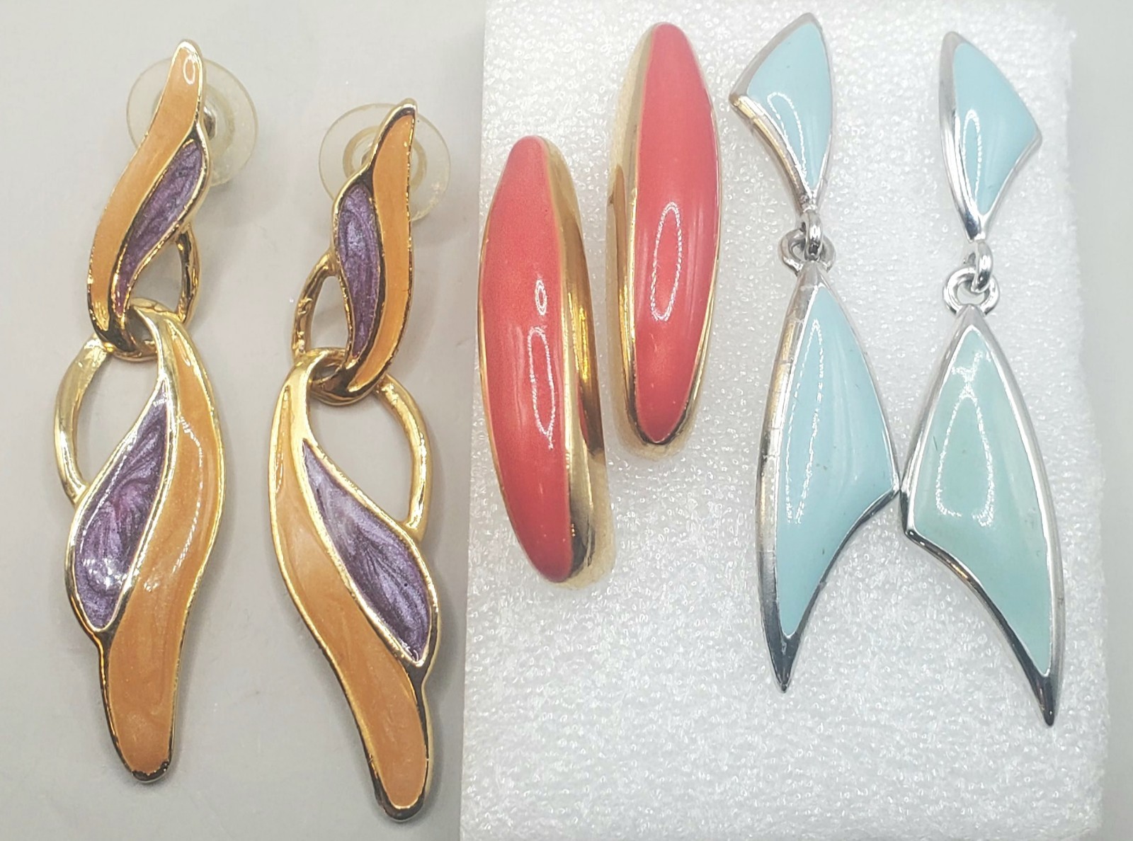 3 Pr Vtg Enamel Pierced Earrings Red, Light Blue, Purple & Orange